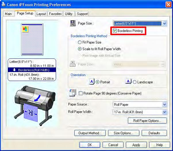 Borderless printing is only available with rolls. Configuring Settings in Windows 1. Access the Page Setup sheet. 2.