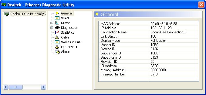Diagnostics Utility Configuration General This page displays general