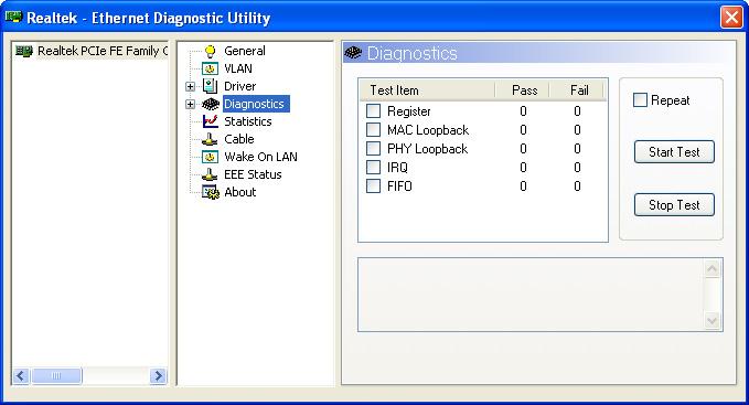 Diagnostics This page performs hardware tests on