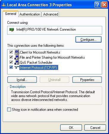 3. In the General tab of the Local Area Connection Properties menu, highlight Internet Protocol (TCP/IP) under This