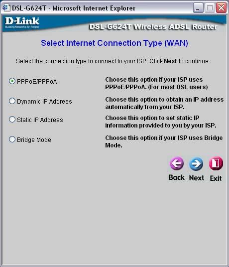 Next you will Select the Internet Connection Type for the WAN interface. Your ISP has given this information to you.