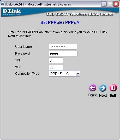 PPPoE/PPPoA Connections If you selected the PPPoE/PPPoA connection type in the previous menu, you will see the Setup Wizard menu pictured here.