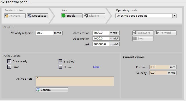 Test the axis with the axis control panel 9.3 Result in the sample project 5. Click the "Forward" or "Backward" button to start a motion.