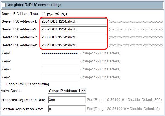 Note: You can have up to three IPv4 backup RADIUS server addresses. If the authentication fails with the primary server, each configured backup server is tried in sequence. Step 4.