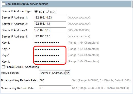 Step 6. In the Key-2 to Key-4 fields, enter in the RADIUS key associated with the configured backup RADIUS servers.