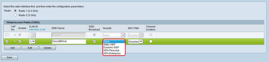 Choose the authentication method that is required to connect to the VAP from the Security drop-down list.