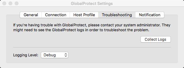 The following window will appear; select the Troubleshooting tab and hit Collect Logs to