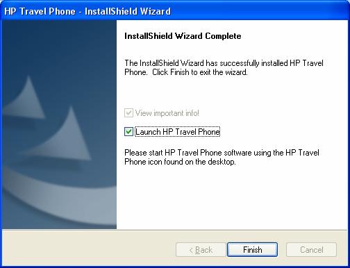 7 Click Finish to complete the installation of the HP Travel Phone software.