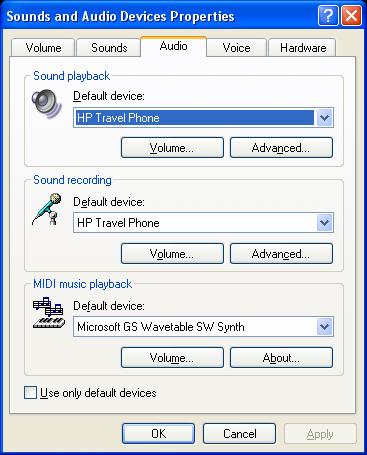 Restoring your Default Audio Device back to the Sound Card When you install the HP Travel Phone on the computer, it is automatically set by Windows as the default audio device.