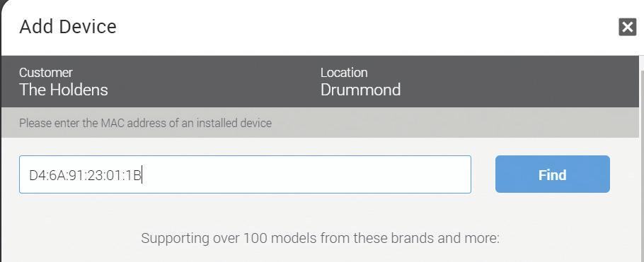 2. New OvrC locations a. Document the MoIP Controller MAC Address and Service Tag on the box or on the bottom of the device b. Log into OvrC and go to Customer > Devices, click + Device c.