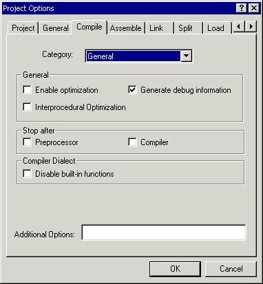 Tutorial Figure 3-13. Project Options Dialog Box: Compile Tab Page Complete the General group box as follows: Select the Enable optimization check box to enable optimization.