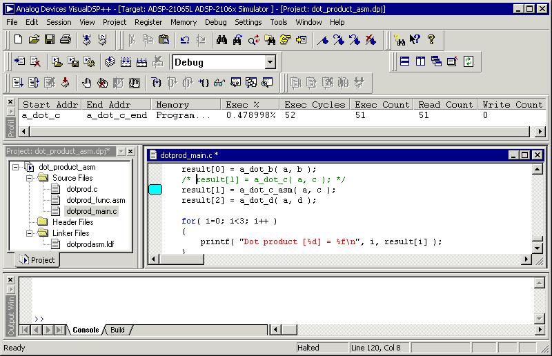 Tutorial Figure 3-16. Editor Window: Modifying dotprod_main.c to Call a_dot_c_asm 7. From the File menu, choose Save to save the changes that you just made to the file. 8.