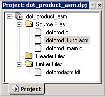 Tutorial Figure 3-19. Files in the dot_product_asm Project You are now ready to rebuild and run the modified project. Step 5: Rebuild and Run dot_product_asm To run dot_product: 1.
