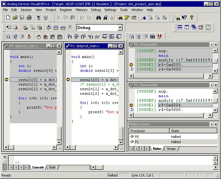 Exercise Five: Multiprocessor Debugging Figure 3-47. Two Programs Loaded onto Two Separate Processors Notice that the Editor windows are pinned to their respective processors. 8.