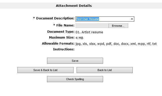 FIGURE 30: On the Attachment Details page, you must give your attachment a name in the Document Description field. Click on the Browse button to locate and upload your file.