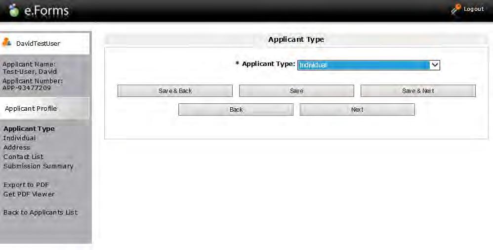 Click on the button to continue. FIGURE 6: On the Applicant Type page, select Individual from the drop-down menu.