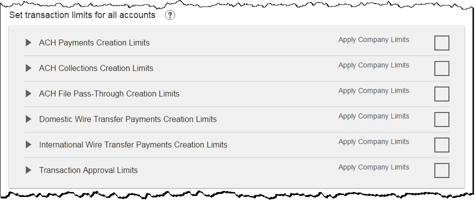 Set transaction and approval limits for all accounts For each permission granted above, limits must be established. Check Apply Company Limits to grant the maximum limits or enter a lower amount.