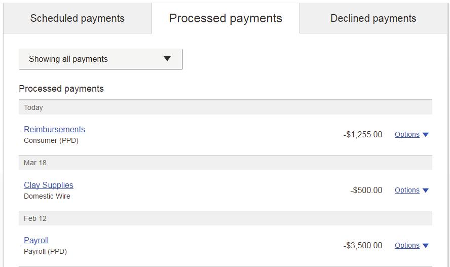 Payment Activity (con t) Processed payments Unlimited history. Payments show here when pending approval by Columbia Credit Union Option to Copy Payment allows user to resend.