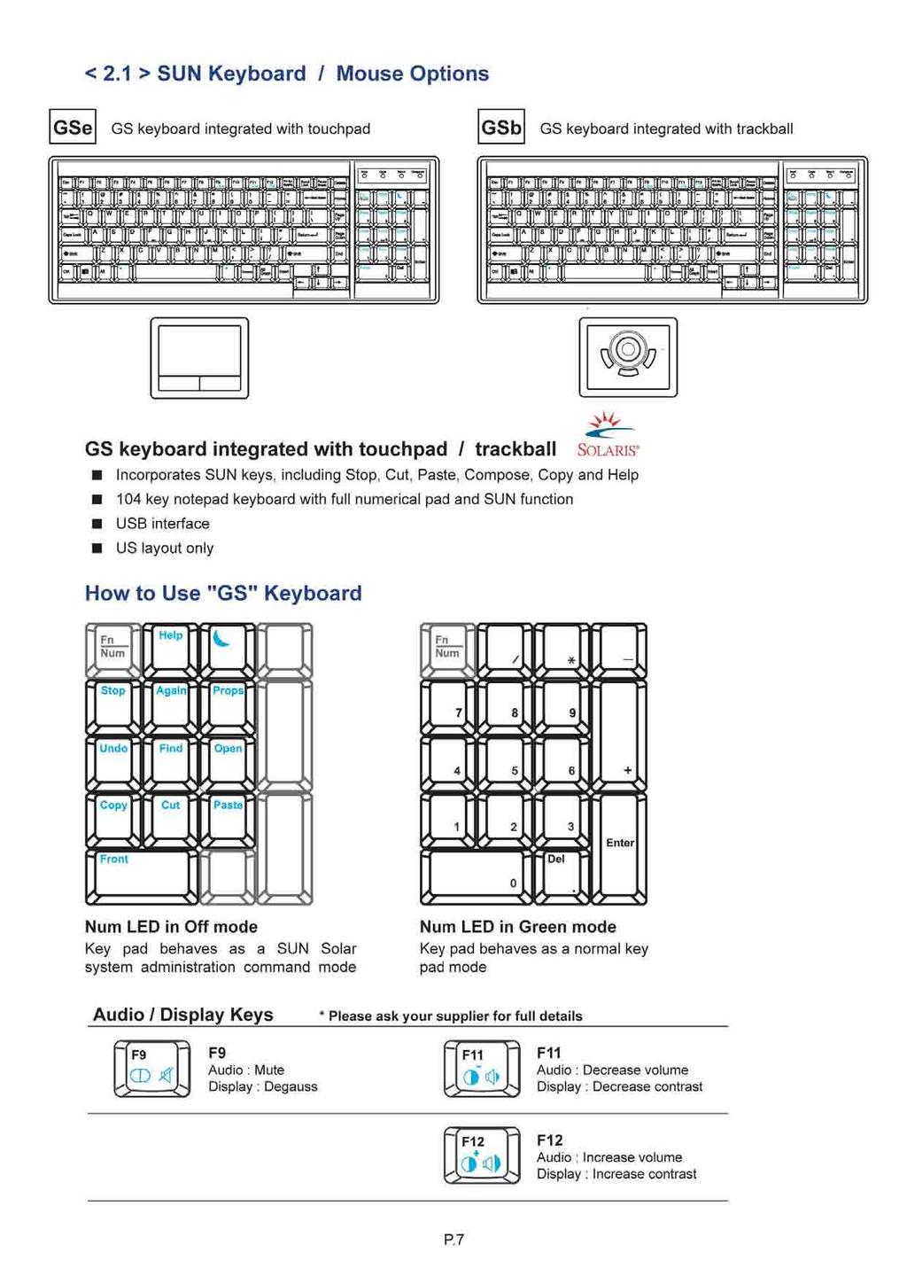 < 2.1 > SUN Keyboard / Mouse Options GSe GS keyboard integrated with touchpad GSb GS keyboard integrated with trackball GS keyboard integrated with touchpad / trackball SOLARIS Incorporates SUN keys,