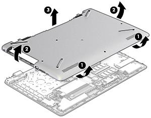 4. Remove the two Phillips PM PM2.5 14.0 screws (3) that secure the bottom cover to the computer. 5. Start at the front of the computer and pry to separate the bottom cover from the computer (1).