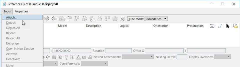 b. In the References dialog, Click on Tools and choose Attach.