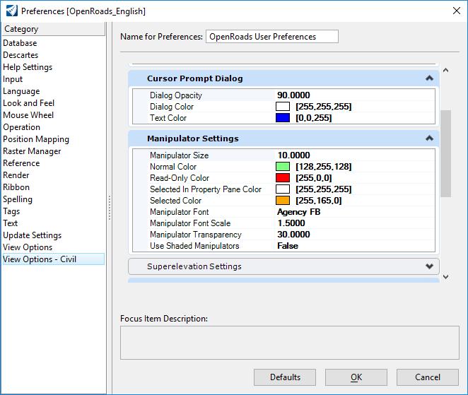 Manipulator settings (size, font, color, and transparency) are controlled through the user preferences.