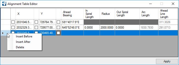 Alignment Table Editor Starting with Update 3, alignment geometry can also be edited in a table format. The Table Editor is a tabular view into the ruled geometry in the design file.
