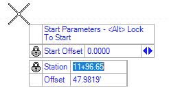 l. Before accepting the heads up prompt Start Offset, key-in 1196.65 in the Station field and Enter to lock it. m. Left click to accept the Start Offset 0. n.
