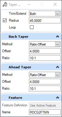 c. Select the two outside edge of travel to construct a simple arc. d. Let s now try the simple curve with offset and taper options. Undo the previous operation. e. Go to Geometry > Horizontal > Arcs > Arc Between Elements > Taper Arc Taper.