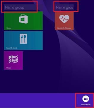 11 Explore Windows 8.1 Update Customizing grouped tiles 1. Swipe up or right-click on a blank space of the Start screen, and then tap or click Customize in the lower-right corner of the screen. 2.