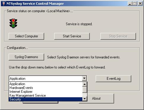 5. In the NTSyslog Service Control Manager EventLog dropdown menu, select