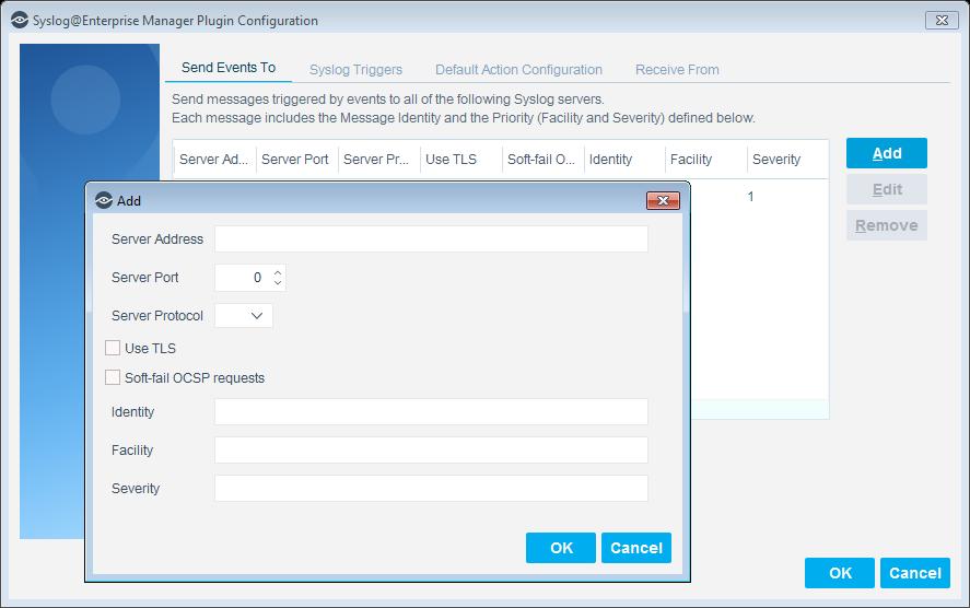 To configure the Forescout platform to send event messages to Syslog servers: 1. In the Send Events To tab, do one of the following: To define a Syslog server not in the table, select Add.