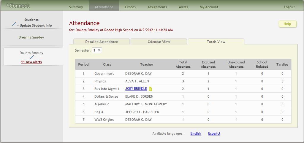 Totals View Click the Totals View tab to see tardies and attendance totals for the semester. The student's classes are listed by period, and the total number of schoolrelated absences (e.g.