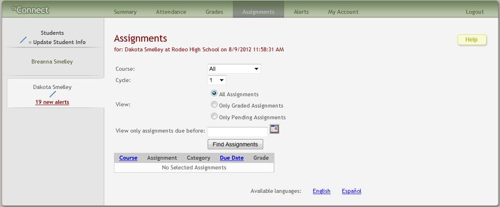 Assignments The Assignments page allows you to view all of the student's assignments for all courses or for a specific course.
