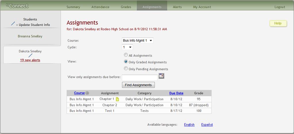 Note: If a date is entered in this field, and if the teacher has not entered a due date for an assignment, the assignment will not be displayed in the search results. Click Find Assignments.