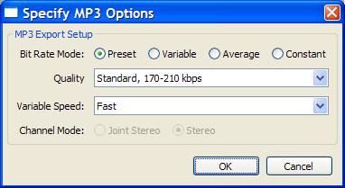Your choices here affect the quality of the MP3 compression. For the smallest files (while retaining high-quality sound), choose the Preset option at the Standard quality level as shown here.
