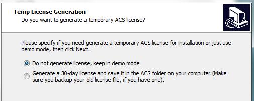 Software installation Install ACS: 1. Restart your computer. 2. Log in as an Administrator. 3. Insert the ACS setup disk into the CD-ROM drive. 4. The setup process should start automatically.