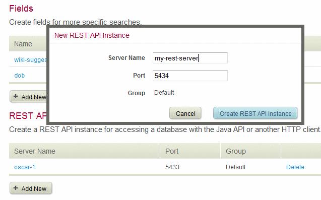 Creating and Configuring Databases and REST Servers 3. Enter a name, optionally a different port, and optionally a different group for the new REST API App Server. 4. Click Create REST API Instance.