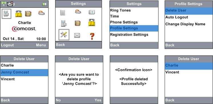 Profile Settings Delete User This feature allows you to delete a user: Press the softkey Menu from the Home Screen Choose the Settings icon from Menu screen and press center Navigation key/sel/ to