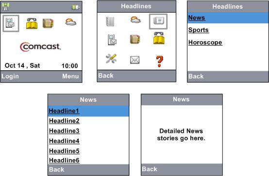 Headlines This menu allows you to browse through Internet content such as: news headlines, sports scores and your horoscope. Press the softkey Menu from Home screen.
