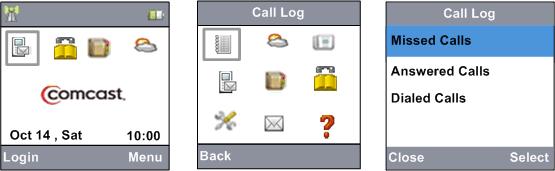 Call Log The handset provides a Call Log of the Missed, Answered and Dialed calls. You have the option to make a call, delete the call and save the call log entries.