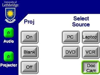 Visual Presenter To use the Visual Presenter with a Crestron Touch Panel, press the white Data Projector Button (second down on the left) and then press the Doc Cam button as the selected input