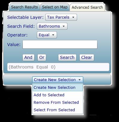 This opens a window along the left side of the screen that contains three tabs: Search Results, Select on Map, and Advanced Search.