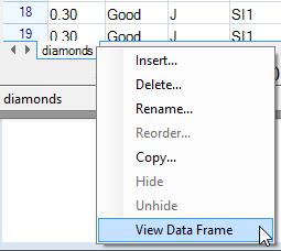 Scroll to the bottom of the data to see it appears to have just 1000 rows. It is just a window onto part of the data frame which is stored in full in R. Use right click on the bottom tab, Fig. 4.