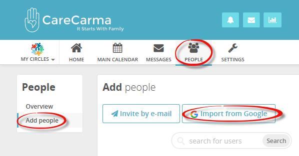 To invite people to join CareCarma via an Import from Google: Select the (Import from Google) section Select the (Invite Contact)