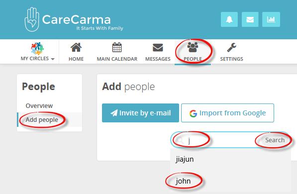 search for CareCarma members to invite to your CareCarma list of people: In the (search for users) section, start typing a name As you