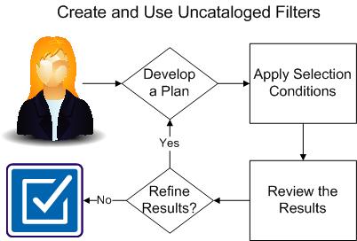 Create and Use Uncataloged Filters Create and Use Uncataloged Filters This process describes how to use an uncataloged filter to limit your view of a data set to specific members or records.
