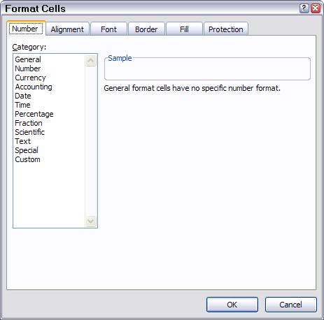 5 From the Menu Bar, select Format Cells. The following dialog box displays: 6 Select the Number tab, and click once on Number in the Category column.