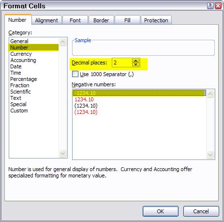 The following dialog box displays: 10 Enter or select 2 in the Decimal places field to format the columns with two (2) decimal positions. 11 Make sure the Use 1000 Separator (,) option is deselected.