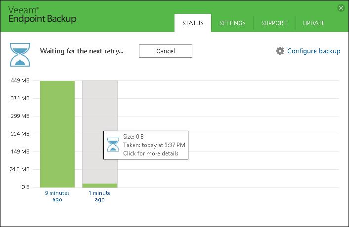 Viewing Information About Job Retries If the backup job started by schedule has failed for some reason, Veeam Endpoint Backup retries it every 10 minutes within 23 hours.